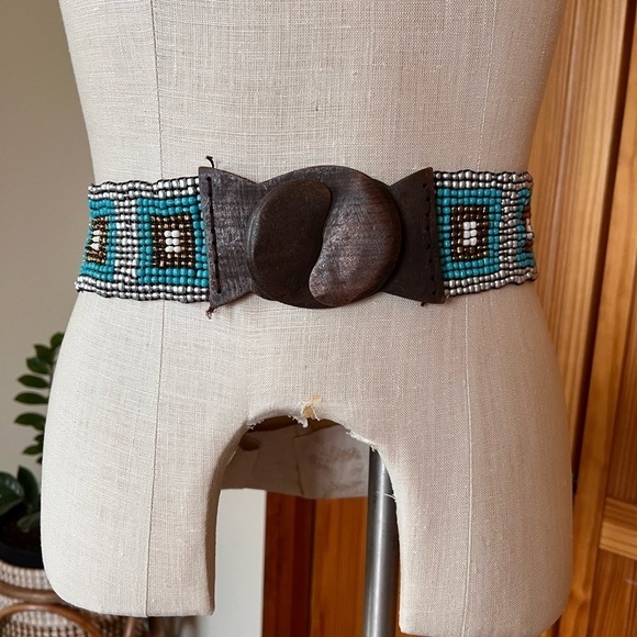 Vintage Beaded Stretch Belt Turquoise Wood Hook Western Boho 26”-34” main image 7